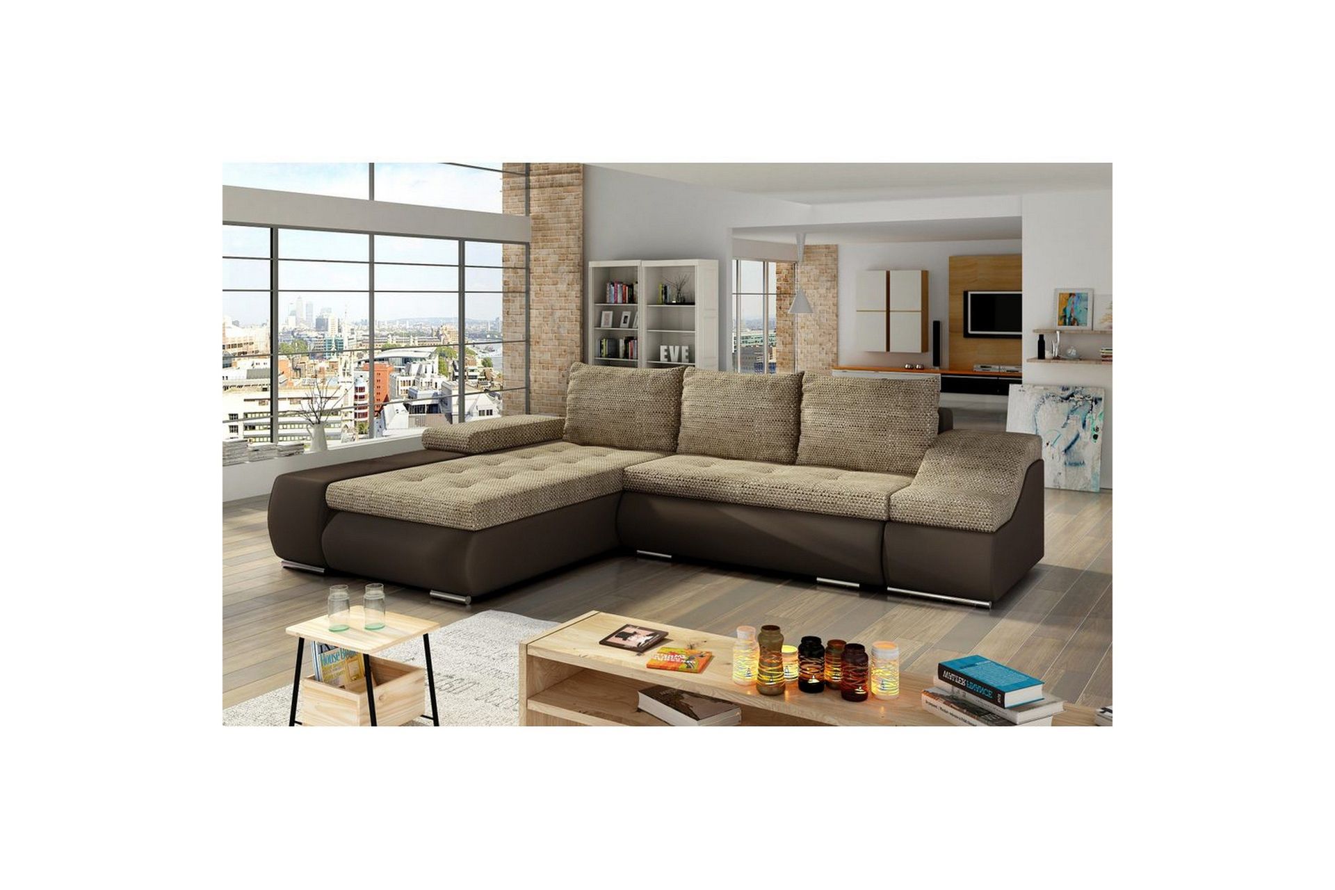 Seksjon Eltap Ontario 295x200x82 cm - Berlin 03, Soft 66, Beige, Mørkebrun, Venstre