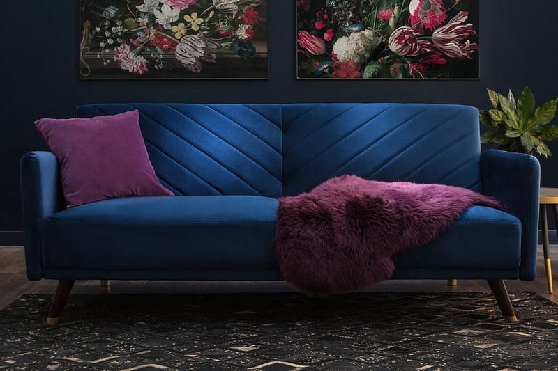 Senja 2-seter Utfellbar Rektangulær Sovesofa i Fløyel med Trebein - Blå - Møbler - Sofaer - Sovesofaer