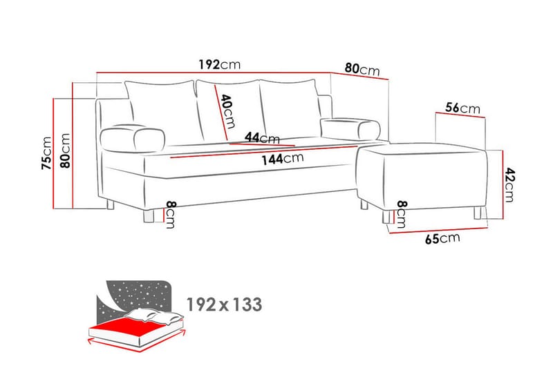 Skatteg Sofa med Puff - Svart|Grå - 4 seters sovesofa - Fløyel sofaer - Sovesofaer