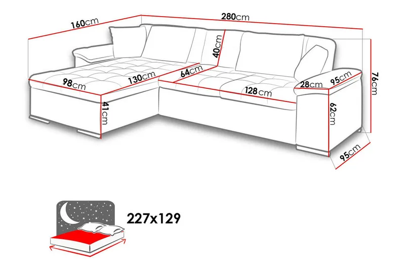 Sovesofa 3-seters L-formet 280x160 cm Venstre - Møbler - Sofaer - Sovesofaer