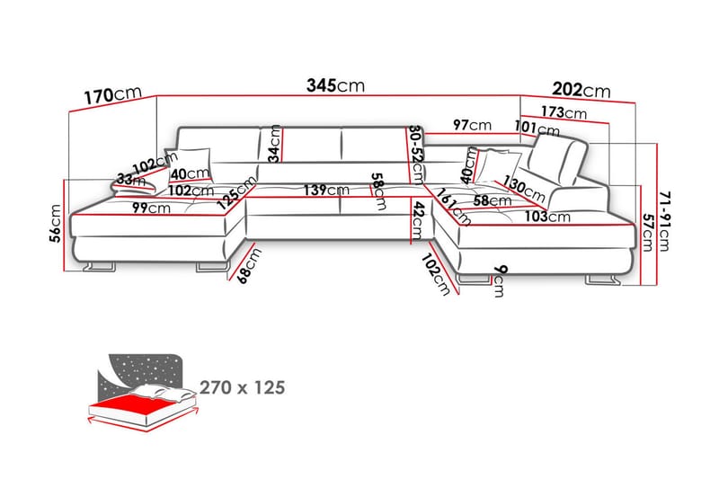 Sovesofa 4-seters U-formet 345x202 cm Høyre - Sovesofaer - Sovesofa divan