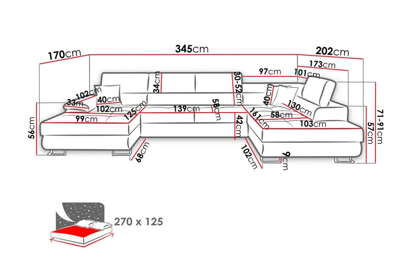 Sovesofa 4-seters U-formet 345x202 cm Venstre - Møbler - Sofaer - Sovesofaer