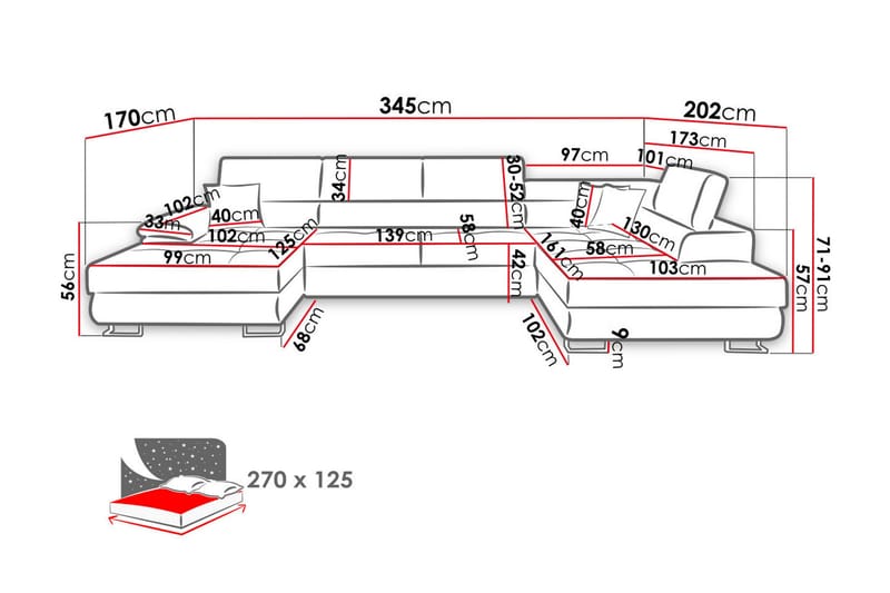 Sovesofa 4-seters U-formet 345x202 cm Venstre - Møbler - Sofaer - Sovesofaer