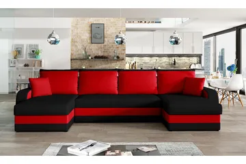Alvared 4-seters Sovesofa med Dobbeldivan med Oppbevaring - Svart/Rød - Møbler - Sofaer - Sovesofaer - Sovesofa divan