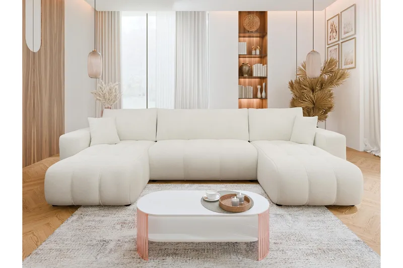 Flo Sovesofa med Dobbel Sjeselong 4-seter i Plysj - Hvit - Møbler - Sofaer - Sovesofaer - Sovesofa divan
