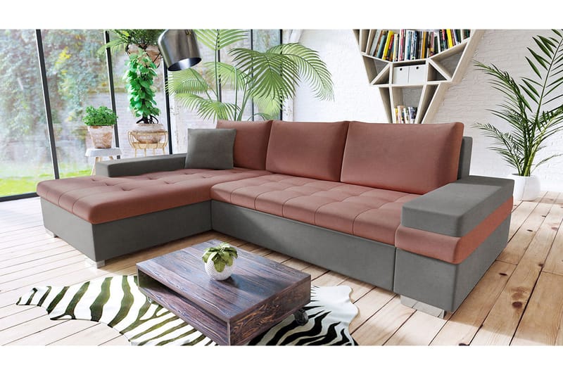 Naoma Hjørnesovesofa Universal 135x216 cm med Oppbevaring i Fløyel - Rosa|Grå - Møbler - Sofaer - Sovesofaer - Sovesofa divan