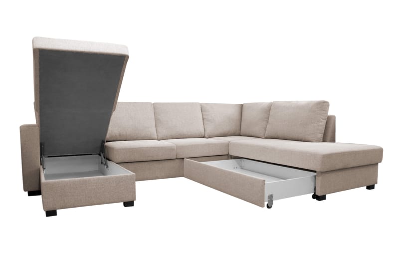 Paris 4-seters Høyre U-formet Sovesofa 143x277 cm med Oppbevaring i Stoff - Lys Beige - Møbler - Sofaer - Sovesofaer - Sovesofa divan