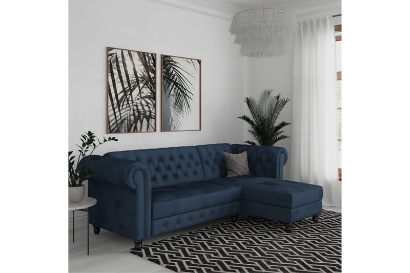 Sovesofa Felix 241x154x83 cm, Blå, Fløyel/Tre/Metall - 241x154x83 cm, Blå, Fløyel/Tre/Metall - Møbler - Sofaer - Sovesofaer