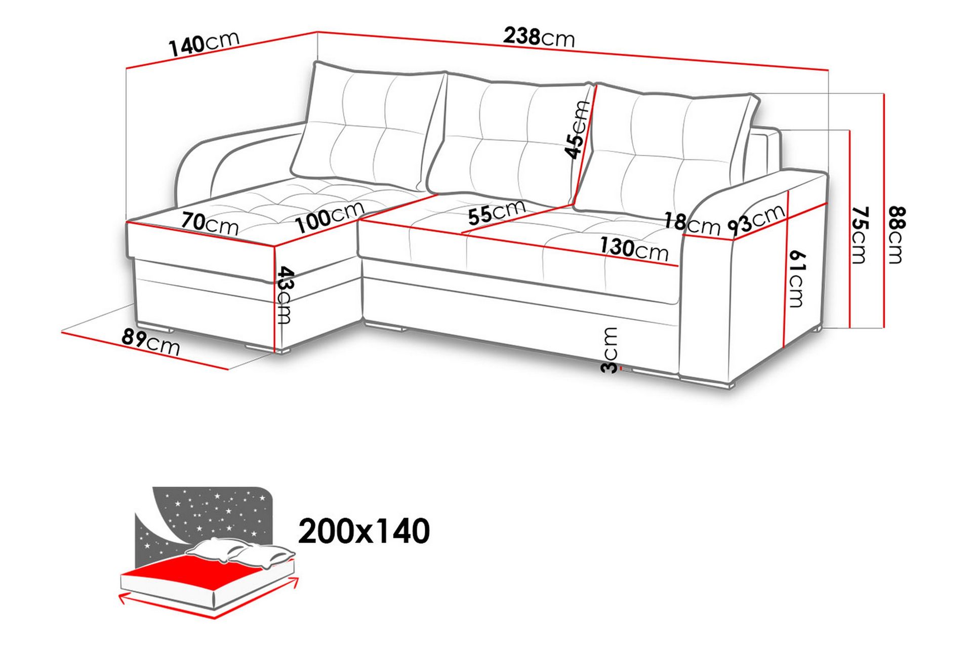 Sydney Divansovesofa 238x140x88 cm - Møbler - Sofaer - Sovesofaer