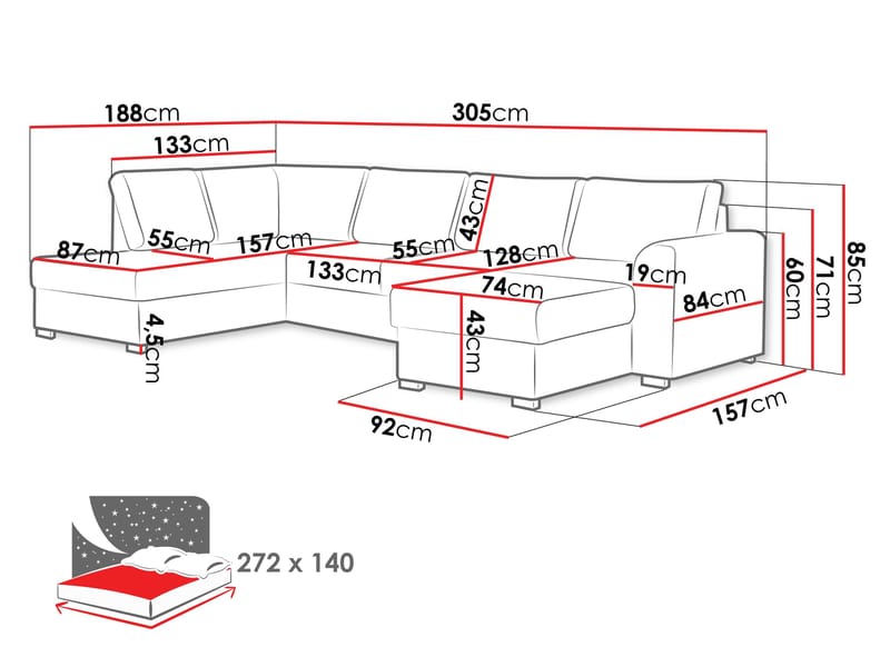 Taberk 5-seters U-sofa med Divan Venstre - Møbler - Sofaer - Sovesofaer