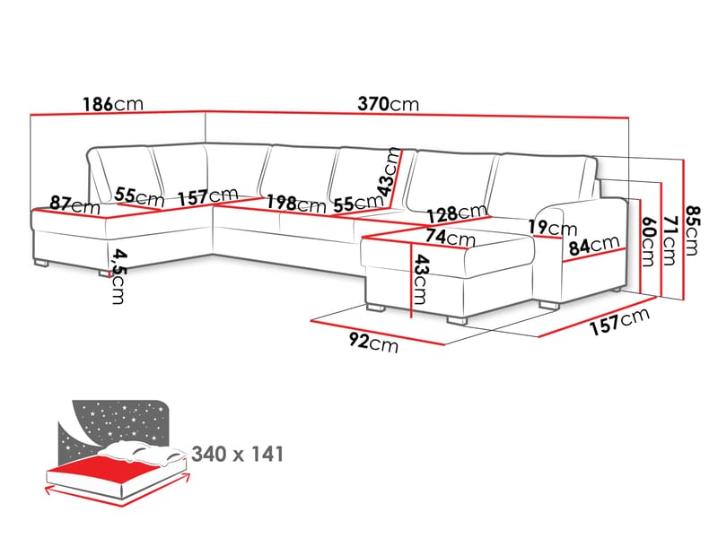 Taberk Large 6-seters U-sofa med Divan Venstre - Møbler - Sofaer - Sovesofaer