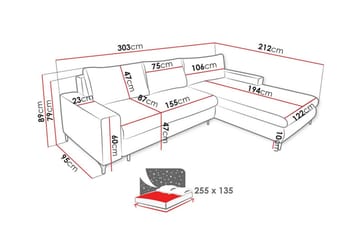 Talby 3-seter Høyre L-formet Hjørnesovesofa 135x255 cm med Oppbevaring i Stoff - Grå - Møbler - Sofaer - Sovesofaer