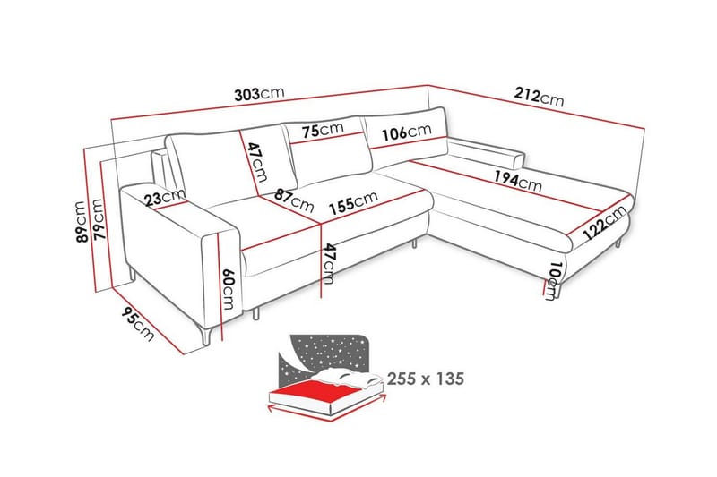 Talby 3-seter Høyre L-formet Hjørnesovesofa 135x255 cm med Oppbevaring i Stoff - Grå - Møbler - Sofaer - Sovesofaer