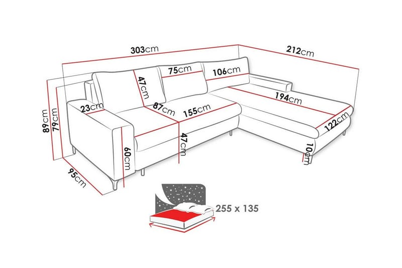 Talby 3-seter Høyre Sovesofa 135x255 cm med Oppbevaring i Stoff - Grå - Møbler - Sofaer - Sovesofaer