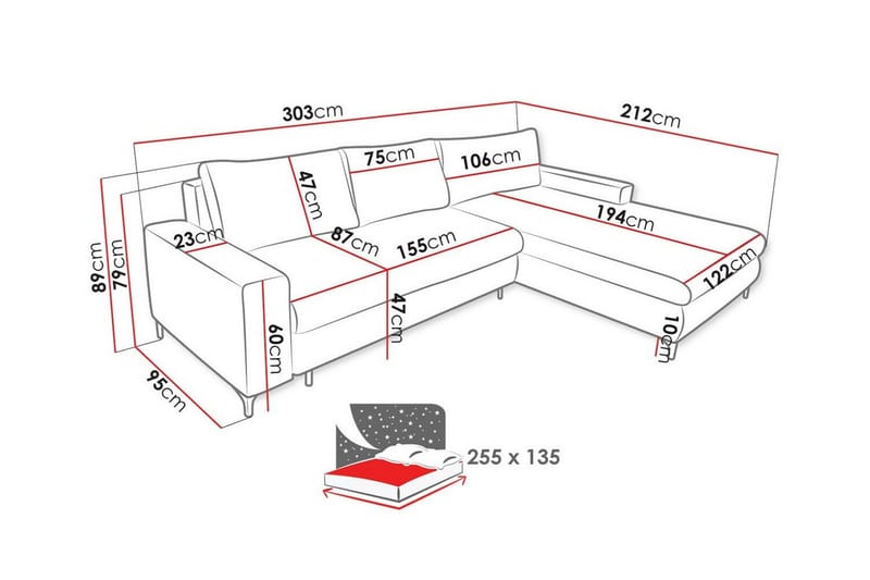 Talby 3-seter Høyre Sovesofa 135x255 cm med Oppbevaring i Stoff - Gul - Møbler - Sofaer - Sovesofaer
