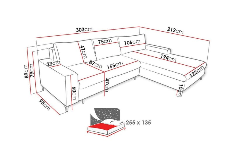 Talby 3-seter Høyre Sovesofa med Oppbevaring og Kanalsteppet i Stoff - Beige - Møbler - Sofaer - Sovesofaer