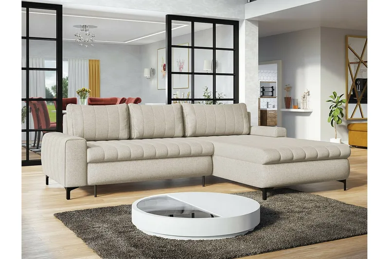 Talby 3-seter Høyre Sovesofa med Oppbevaring og Kanalsteppet i Stoff - Beige - Møbler - Sofaer - Sovesofaer