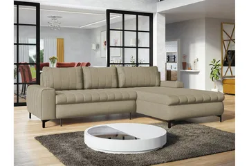 Talby 3-seter Høyre Sovesofa med Oppbevaring og Vertikale Sømmer i Stoff - Beige - Møbler - Sofaer - Sovesofaer