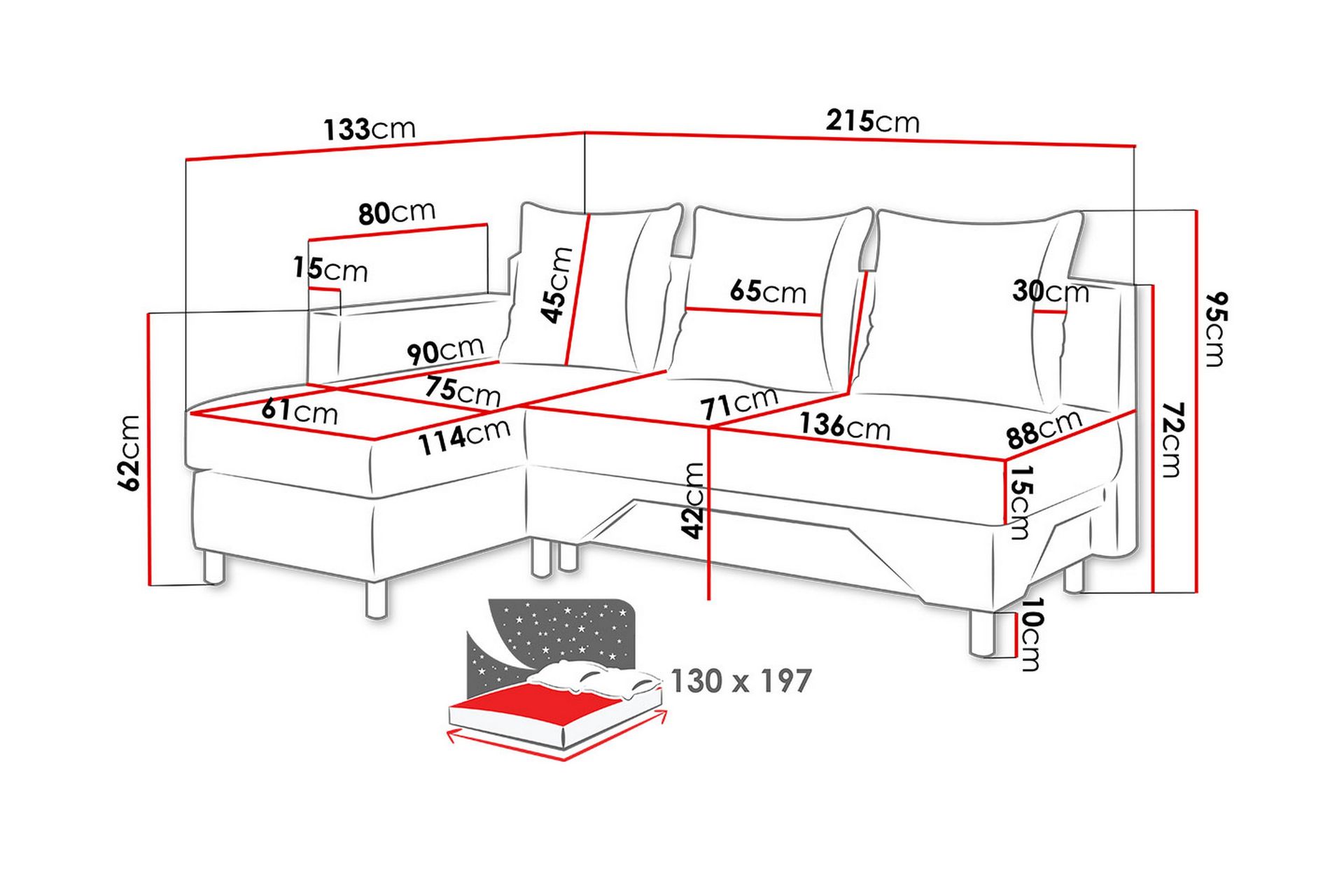 Tom Divansovesofa 215x133x72 cm - Møbler - Sofaer - Sovesofaer