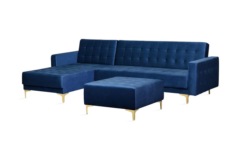 Toomey Hjørnesovesofa Høyre med Fotskammel Fløyel - Blå - Møbler - Sofaer - Sovesofaer