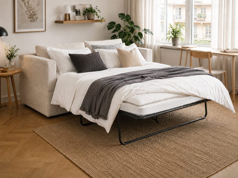 Travstad 3-seters sovesofa med HVILA overmadrass 140x200 cm latex med vaskbart trekk - Beige/hvit - Møbler - Sofaer - Sovesofaer - 3 seters sovesofa