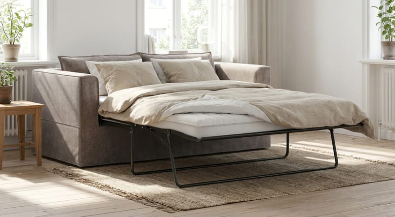 Travstad 3-seters sovesofa med HVILA overmadrass 140x200 cm latex med vaskbart trekk - Grå/hvit - Møbler - Sofaer - Sovesofaer - 3 seters sovesofa