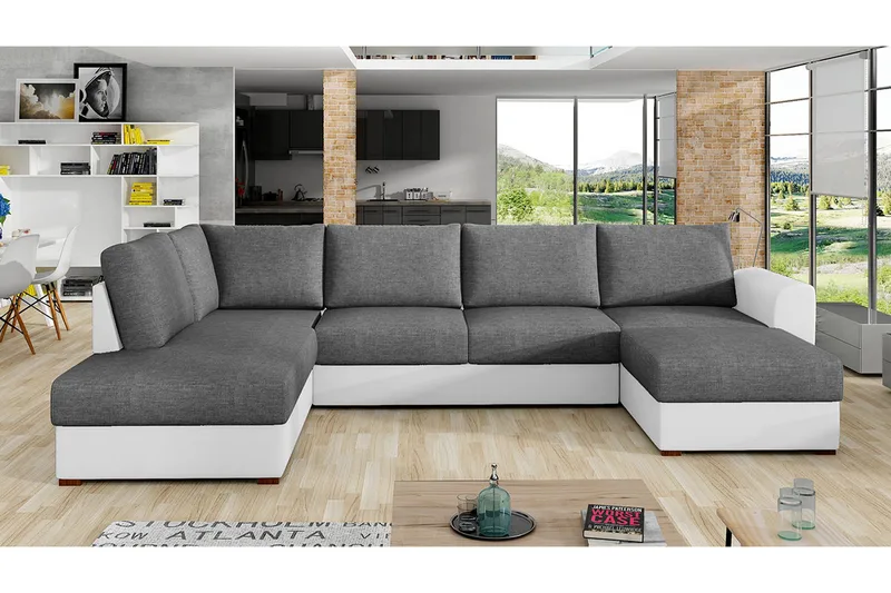 Wilma 6-seter Sovesofa med Sjeselong i Stoff med Kunstlærunderrede - Mellomgrå - Møbler - Sofaer - Sovesofaer