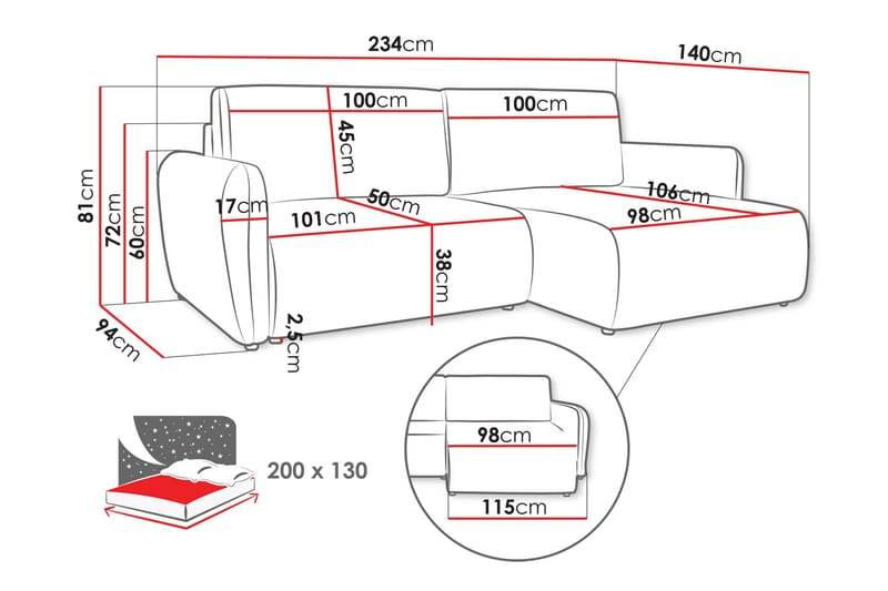 Wymer Sovesofa Med 2-Seters Divan - Rosa - Møbler - Sofaer - Sovesofaer