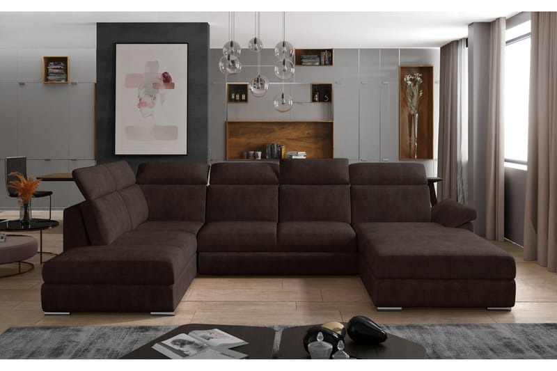 Zoana Høyre U-formet Sovesofa 125x265 cm med Oppbevaring i Stoff, Brun