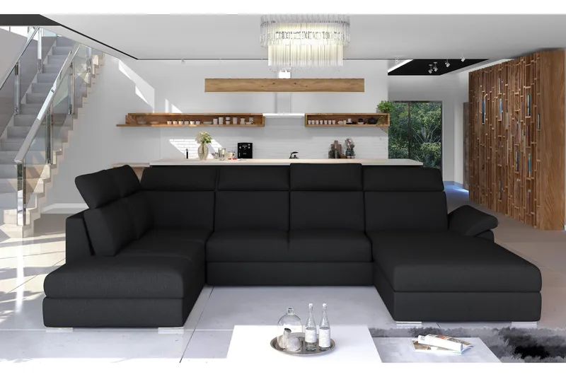 Zoana U-formet Sovesofa 125x265 cm med Oppbevaring i Stoff, Svart
