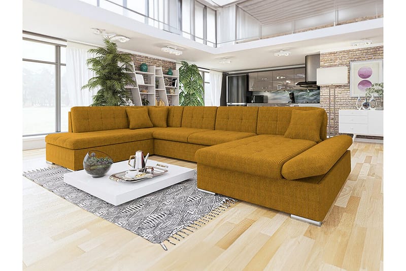 Zumar 4-seters Høyre Hjørnesovesofa 128x302 cm med Oppbevaring i Mansjesterstoff - Sennepsgul - Møbler - Sofaer - Sovesofaer