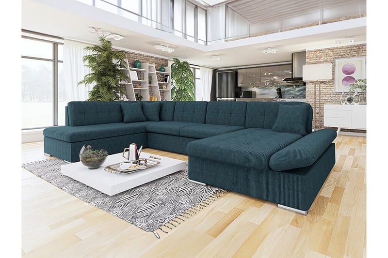 Zumar Høyre U-formet Hjørnesovesofa 128x302 cm med Oppbevaring i Kordfløyel - Blå - Møbler - Sofaer - Sovesofaer