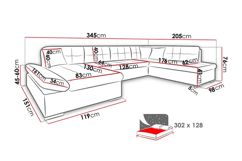 Zumar Høyre U-formet Sovesofa 128x302 cm med Oppbevaring i Stoff - Grå - Møbler - Sofaer - Sovesofaer