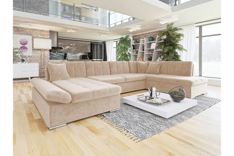 Zumar Sovesofa med Sjeselong og Dobbel Sjeselong 4-seter i Chenille - Beige - Møbler - Sofaer - Sovesofaer