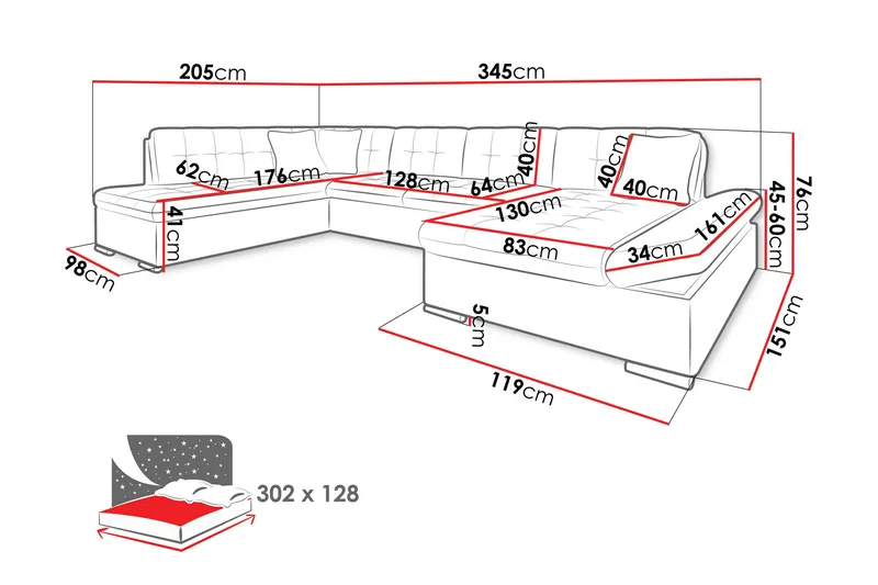 Zumar Sovesofa med Sjeselong og Dobbel Sjeselong 4-seter i Chenille - Oransje - Møbler - Sofaer - Sovesofaer