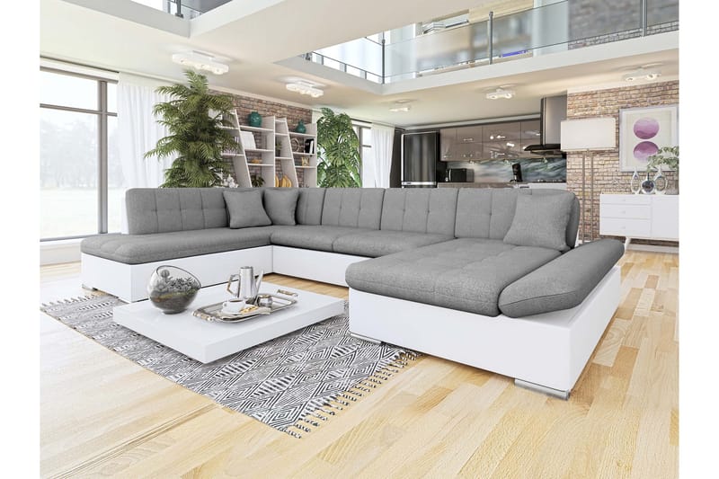 Zumar Sovesofa med Sjeselong og Dobbel Sjeselong 4-seter i Kunstlær - Hvit / Grå - Møbler - Sofaer - Sovesofaer