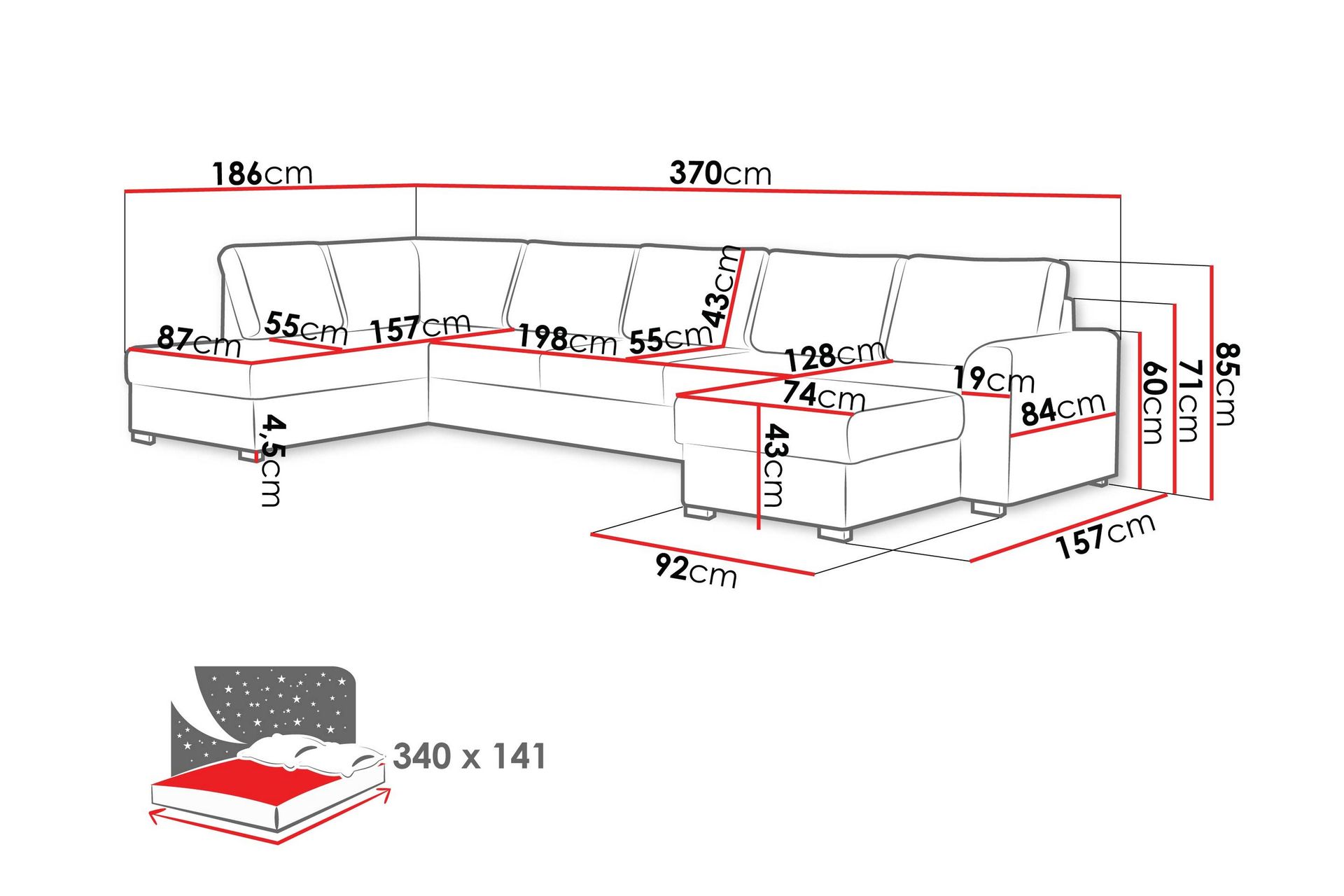 Taberk Sofa med Sjeselong og Divan 5-seter - Grå - Møbler - Sofaer - U-sofa
