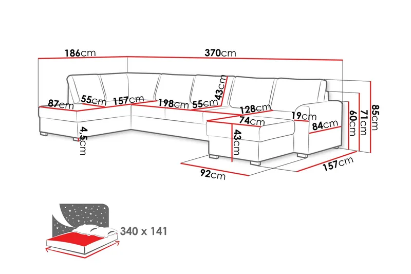 Taberk Sofa med Sjeselong og Divan 5-seter - Hvit - Møbler - Sofaer - U-sofa