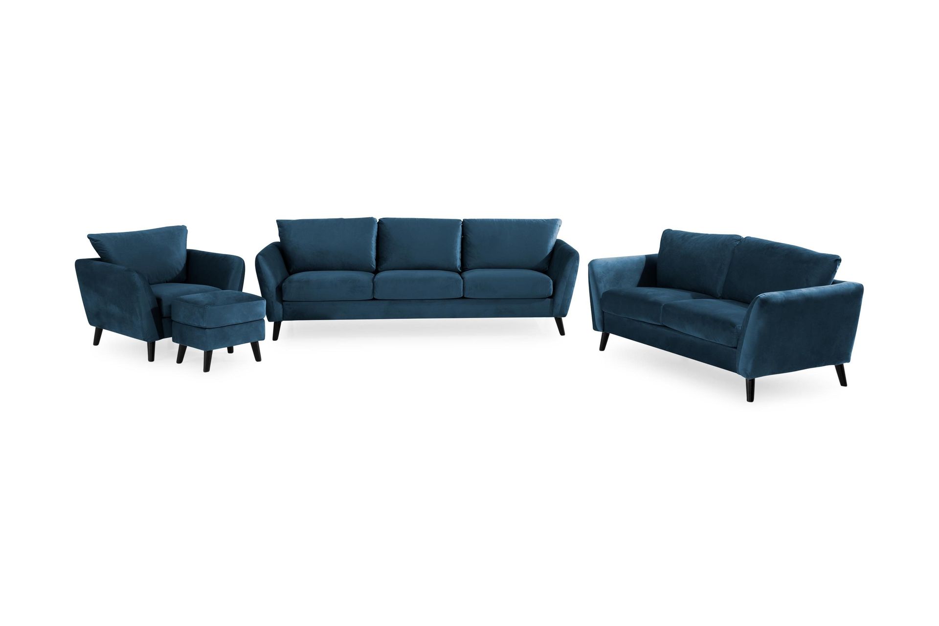 Trend Sofagruppe 3-seters + 2-seters Sofa + Lenestol + Fotskammel i Fløyel - Blå