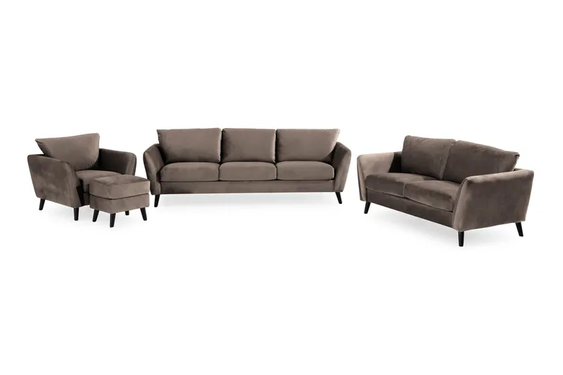 Trend Sofagruppe 3-seters + 2-seters Sofa + Lenestol + Fotskammel i Fløyel, Brun