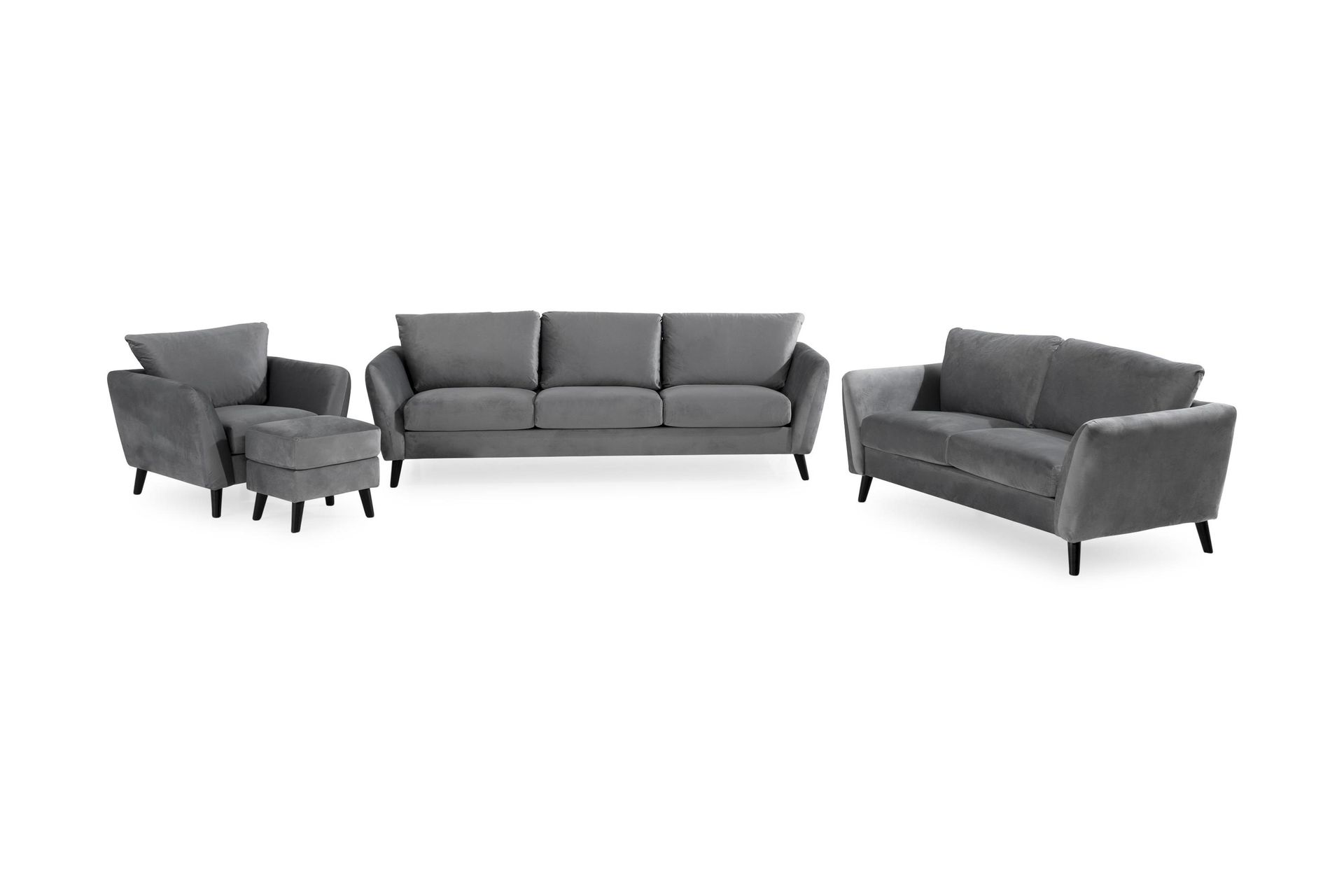 Trend Sofagruppe 3-seters + 2-seters Sofa + Lenestol + Fotskammel i Fløyel - Lysegrå