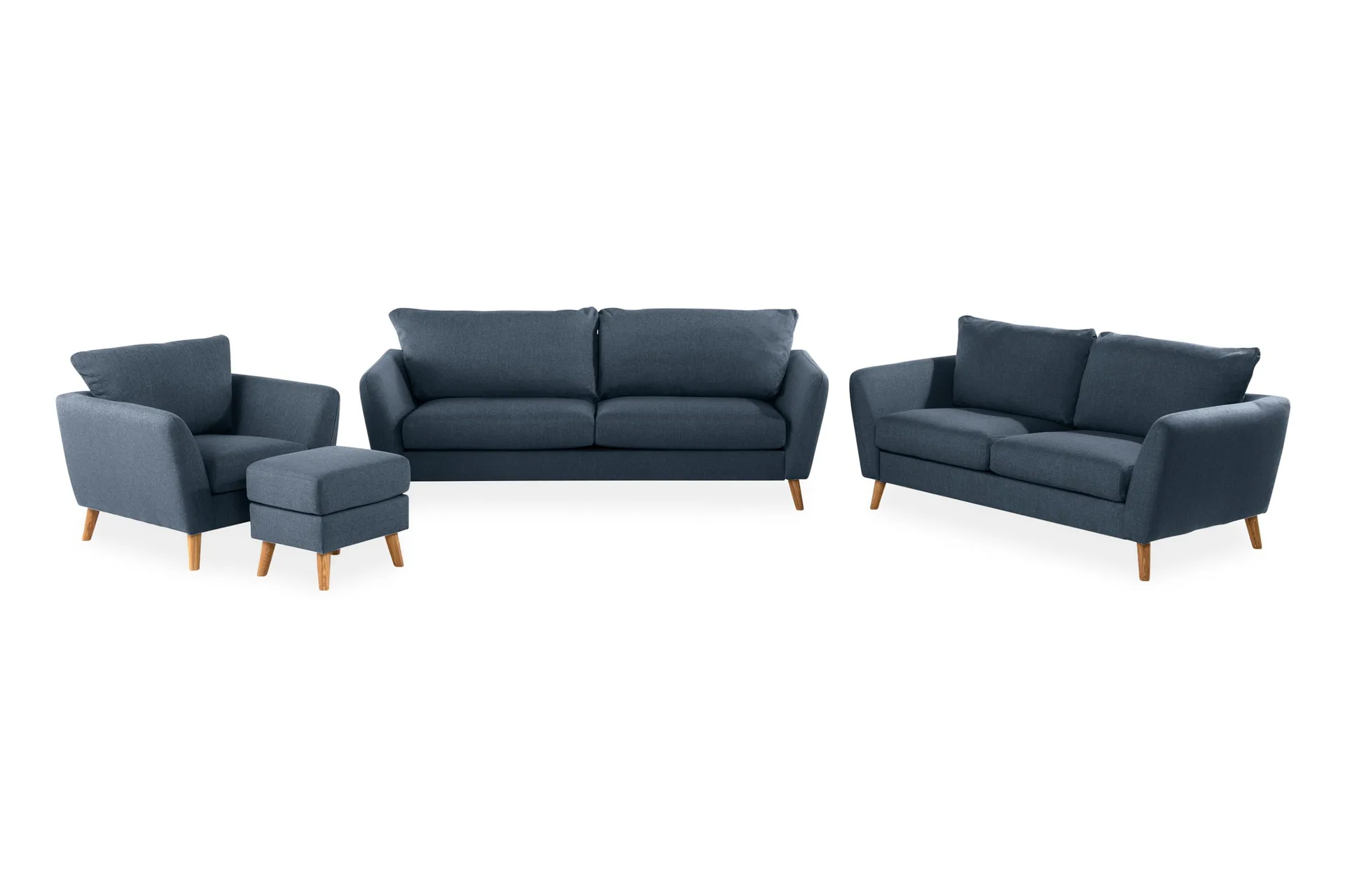 Trend Sofagruppe 3-seters + 2-seters Sofa + Lenestol + Fotskammel i Stoff - Blå