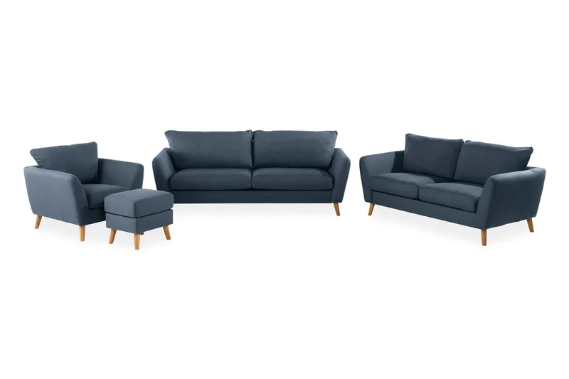 Trend Sofagruppe 3-seters + 2-seters Sofa + Lenestol + Fotskammel i Stoff, Blå