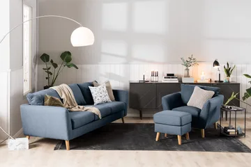 Trend Sofagruppe 3-seters + 2-seters Sofa + Lenestol + Fotskammel i Stoff - Blå - Møbler - Sofaer - Sofagrupper