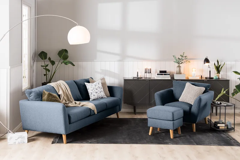 Trend Sofagruppe 3-seters + 2-seters Sofa + Lenestol + Fotskammel i Stoff - Blå - Møbler - Sofaer - Sofagrupper