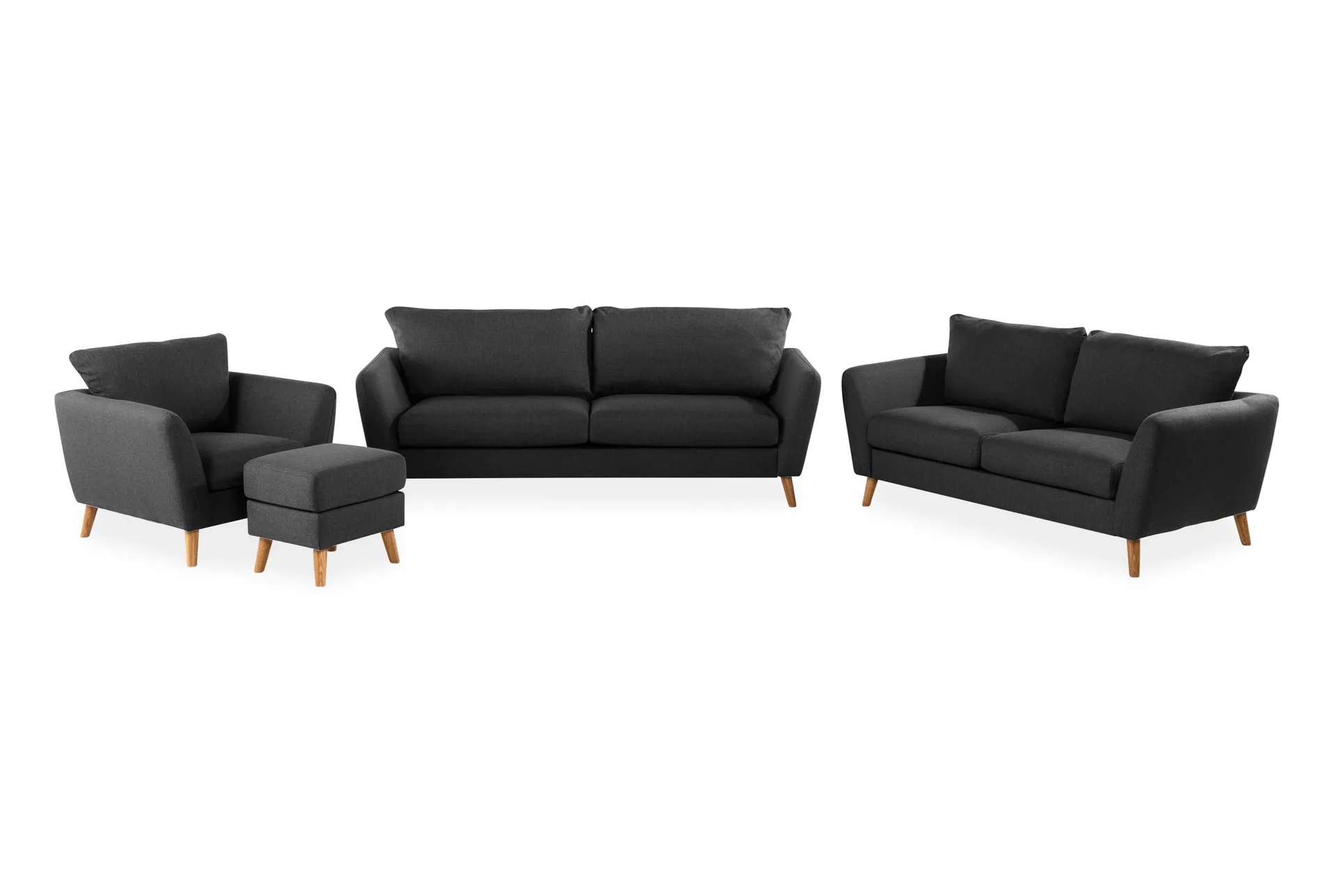 Trend Sofagruppe 3-seters + 2-seters Sofa + Lenestol + Fotskammel i Stoff - Svart