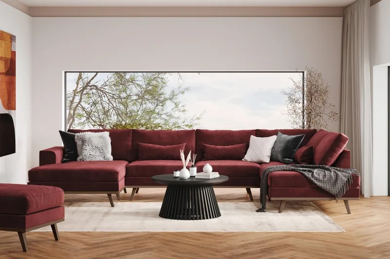 Copenhagen 5-seters Høyrevendt U-formet Sofa med Divan og Sjeselong i Fløyel - Lilla - Møbler - Sofaer - U-sofa