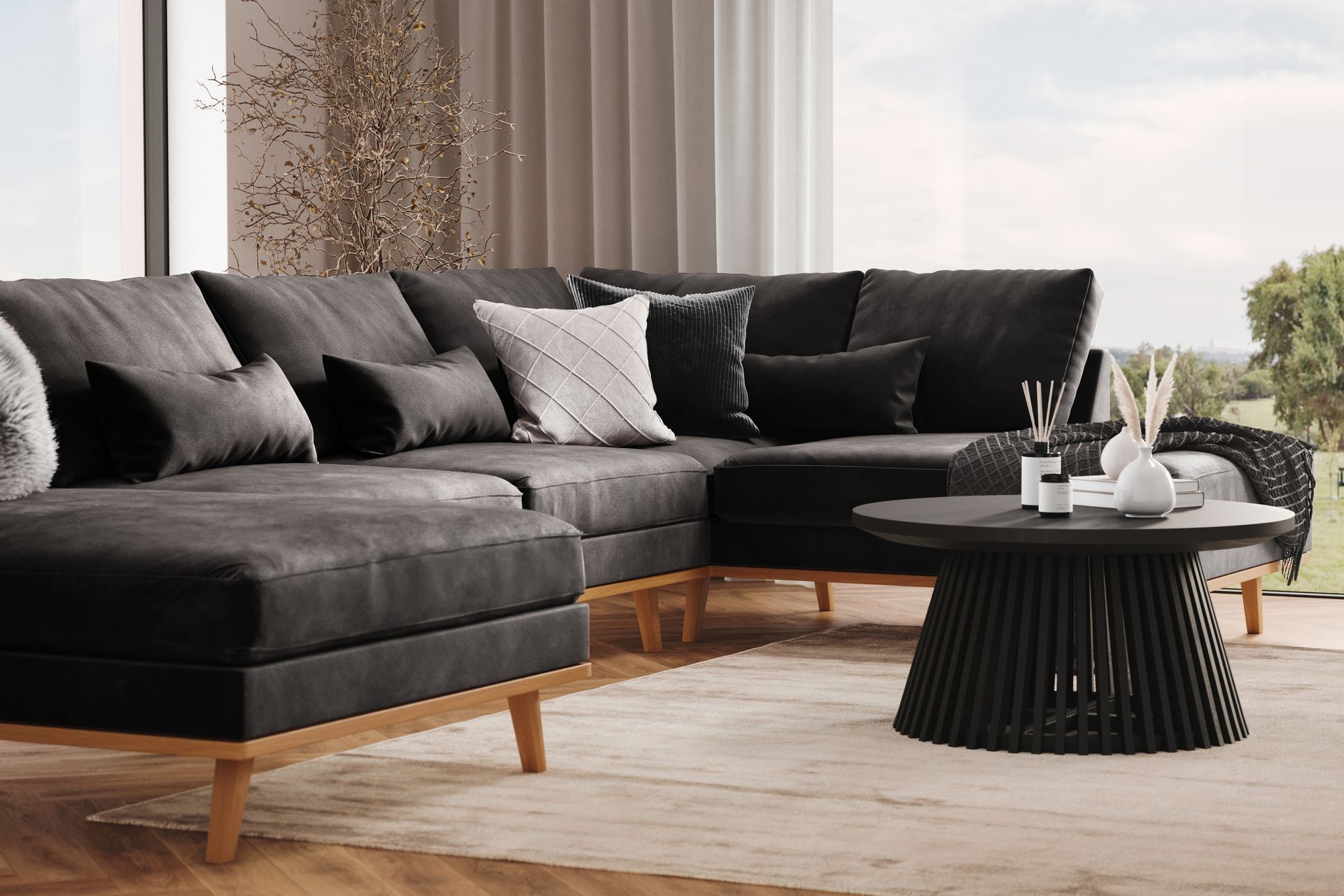 Copenhagen 5-seters Høyrevendt U-formet Sofa med Divan og Sjeselong i Fløyel - Mørk grå - Møbler - Sofaer - U-sofa