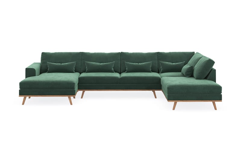 Copenhagen 5-seters Høyrevendt U-formet Sofa med Divan og Sjeselong i Fløyel, Mørk grønn