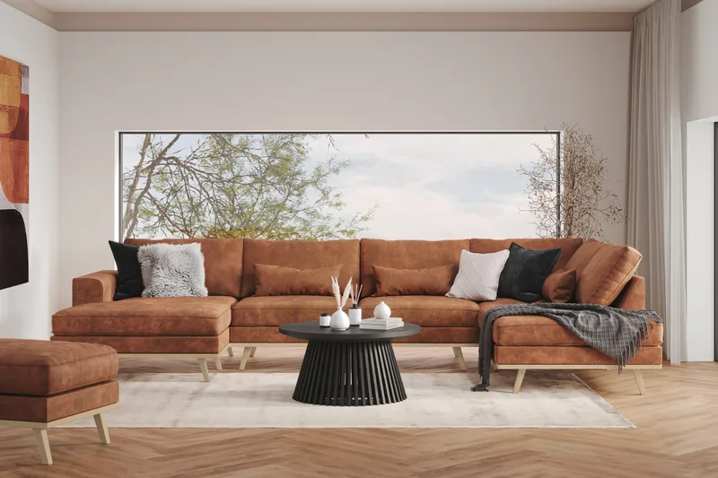 Copenhagen 5-seters Høyrevendt U-formet Sofa med Divan og Sjeselong i Kunstlær - Brun - Møbler - Sofaer - U-sofa